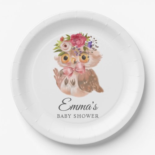 Pink Rose Gold Watercolor Owl Baby Shower Paper Plates