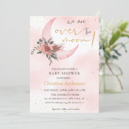 Pink rose gold We are over the Moon Baby Shower  Invitation