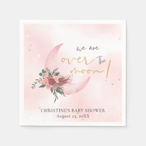 Pink rose gold We are over the Moon Baby Shower  Napkins
