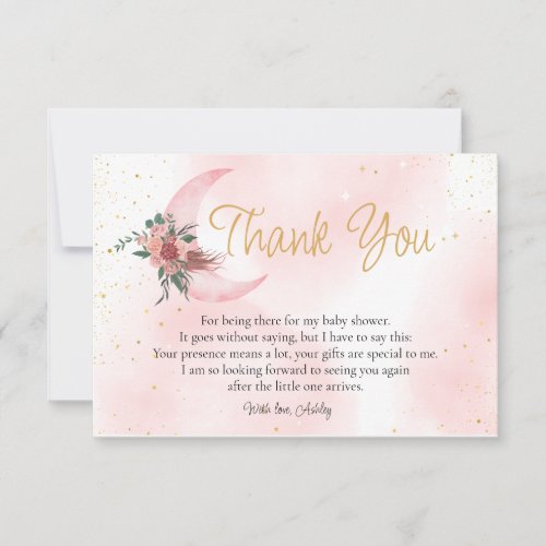 Pink rose gold We are over the Moon baby shower  Thank You Card