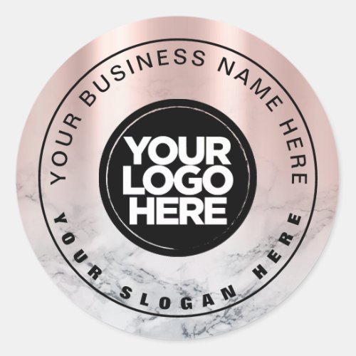Pink rose gold white marble custom logo website classic round sticker