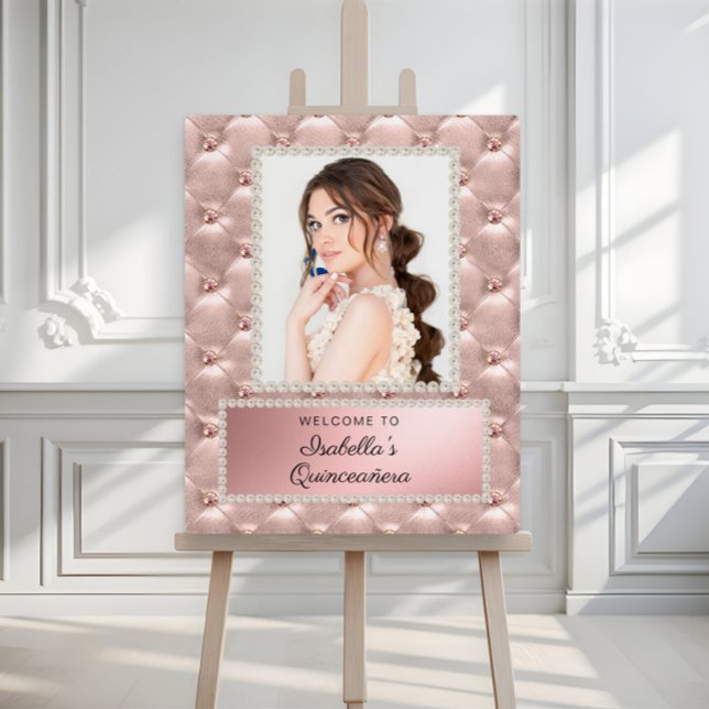 Pink Rose Gold White Pearls Quinceañera Photo Foam Board (Elegant pink Quinceañera Welcome sign with photo and pearls.)