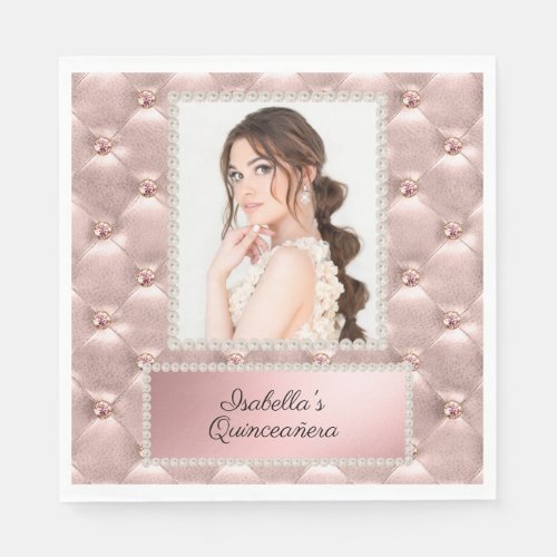 Pink Rose Gold White Pearls Quinceaera Photo Napkins