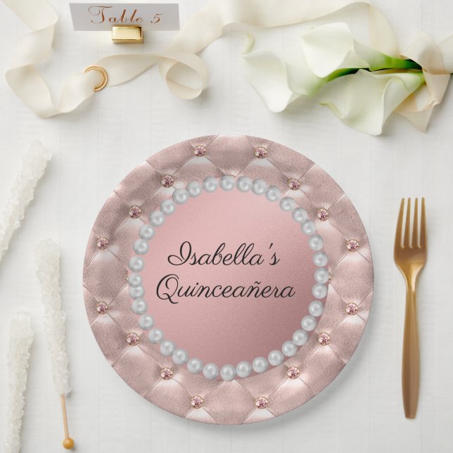 Pink Rose Gold White Pearls Quinceañera Photo  Paper Plates (Wedding)