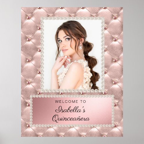 Pink Rose Gold White Pearls Quinceaera Photo  Poster