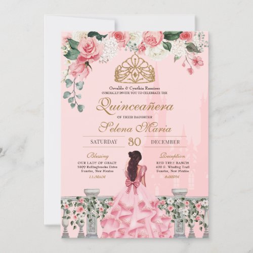 Pink Rose Golden Princess Fairytale Quinceaera Invitation