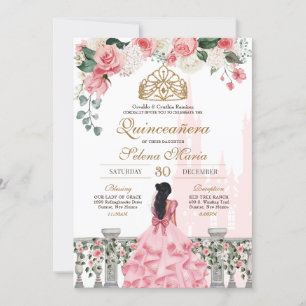Pink Rose Golden Princess Fairytale Quinceañera Invitation