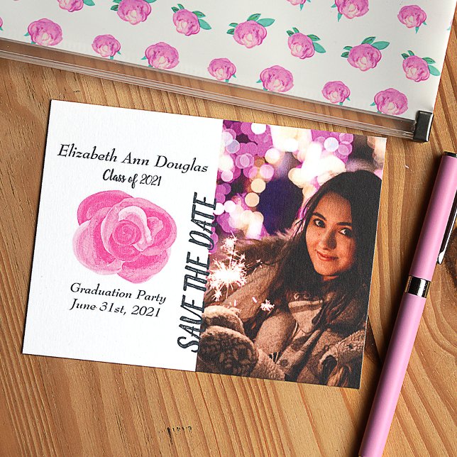 Pink Rose Graduation Save the Date Advice Card (Pink rose save the date card for graduation party or any other occasion. Big pink rose invitation)