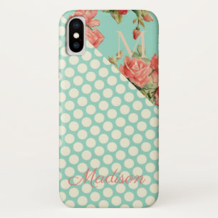 Pink Rose Green Dots Floral Monogram Initial Girly iPhone X Case