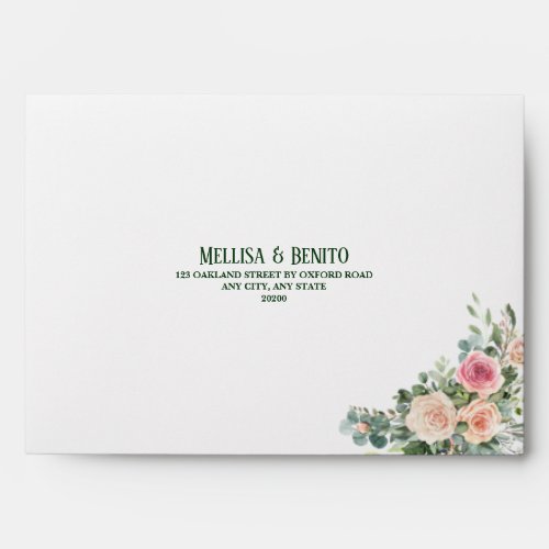Pink Rose Green Eucalyptus Wedding Return Address Envelope