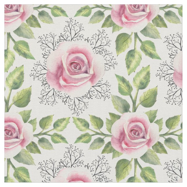 Pink Rose Green Leaves Floral Fabric (Close Up)