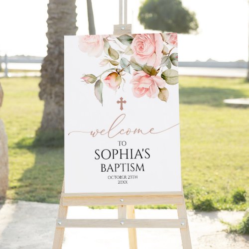 Pink Rose  Greenery Baptism Welcome Sign