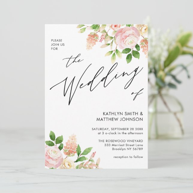 Pink Rose Greenery Elegant All In One Wedding Invitation (Standing Front)