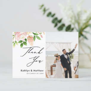 Pink Rose Greenery Elegant Script Photo Wedding Thank You Card