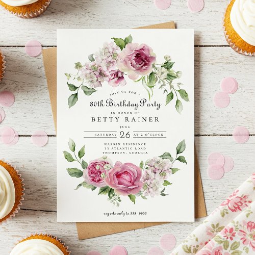 Pink Rose Greenery Floral Arch 80th Birthday Party
