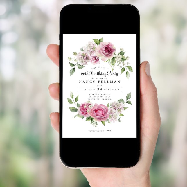 Pink Rose Greenery Floral Arch 90th Birthday Party Invitation (Front Digital)