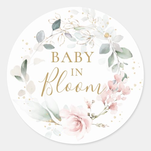 Pink Rose Greenery Foliage Baby Shower Classic Round Sticker