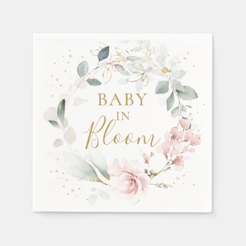 Pink Rose Greenery Foliage Baby Shower Napkins