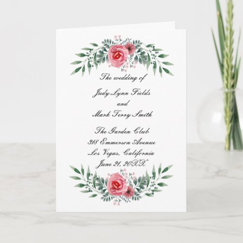 Pink Rose Greenery Foliage Wedding Program Card