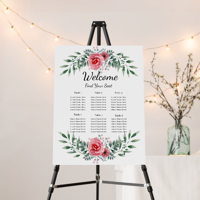 Pink Rose Greenery Foliage Wedding Seating Chart Foam Board (In Situ (Stand))