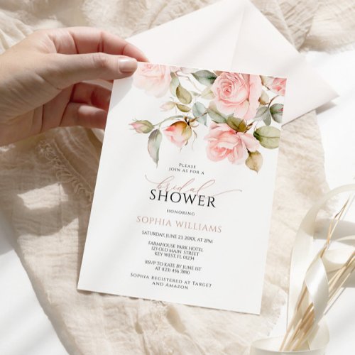 Pink Rose  Greenery Leaves  Bridal Shower Invitation