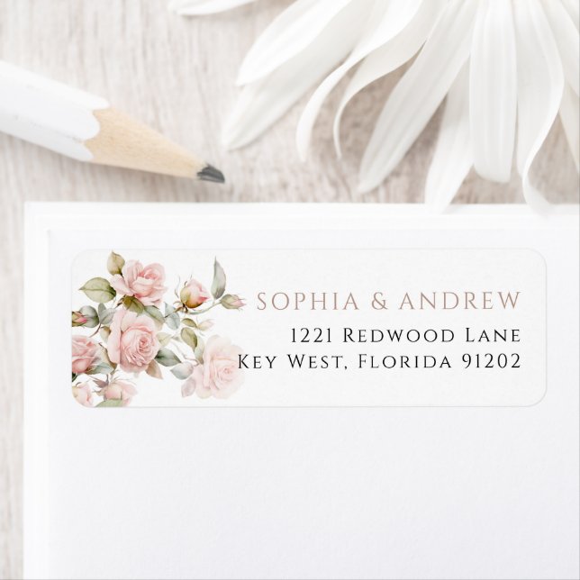 Pink Rose & Greenery Leaves Return Address Label (Insitu)