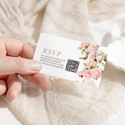 Pink Rose  Greenery Leaves Wedding QR Code RSVP Enclosure Card