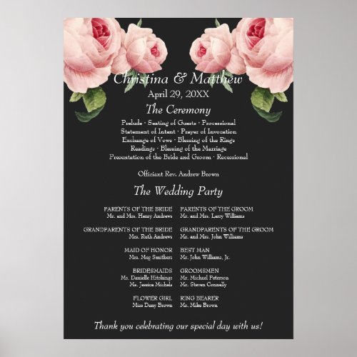 Pink Rose grey vintage Wedding Ceremony Program Poster