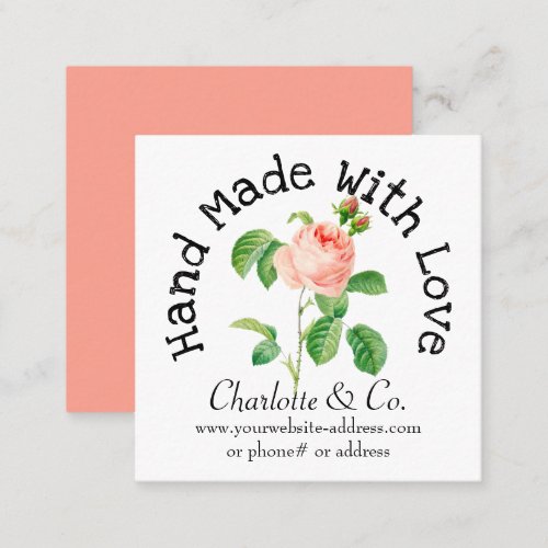 Pink Rose Handmade With Love Product Thank You Square Business Card