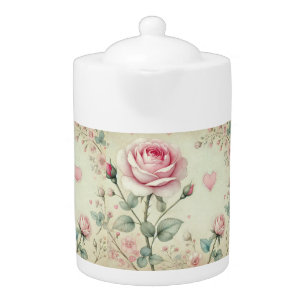 Pink rose heart floral vintage pastel watercolor teapot