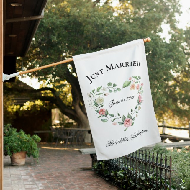 Pink Rose Heart, Just Married with Date Wedding House Flag (In SItu)