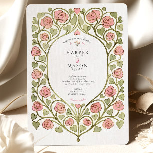 Pink Rose & Heart Vine Wedding Invitation