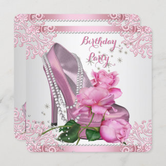 Pink Rose High Heel Lace Pearls Birthday Party Invitation