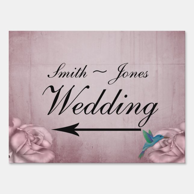 Pink Rose Hummingbird Wedding Direction Sign (Back)