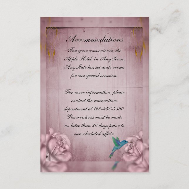 Pink Rose Hummingbird Wedding Hotel Insert (Front)