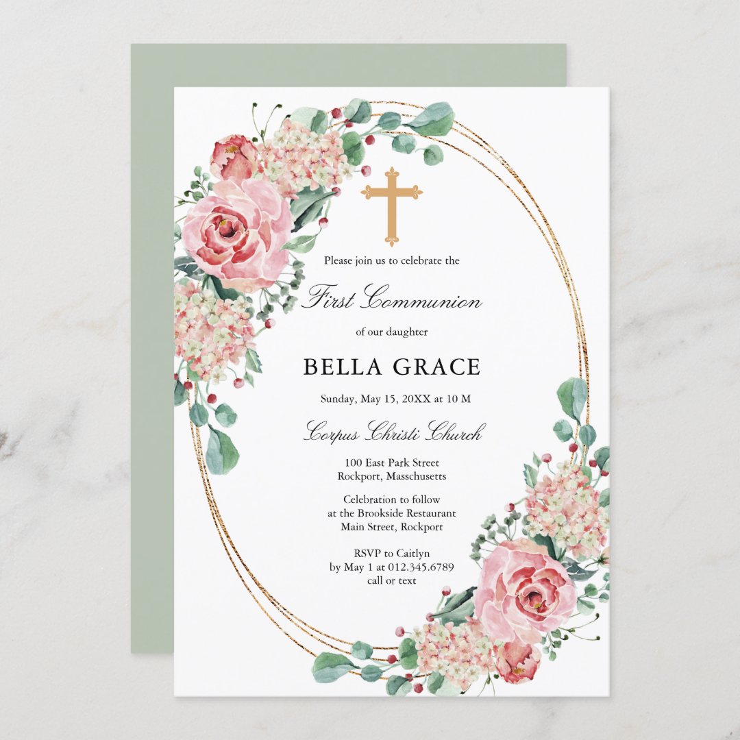 Pink Rose Hydrangea First Holy Communion Invitation | Zazzle