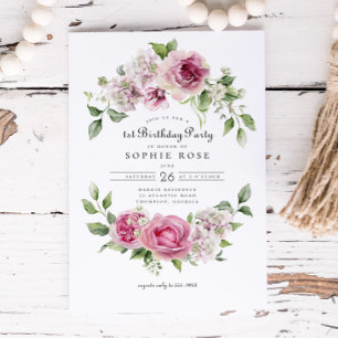 Pink Rose Hydrangea Floral Arch 1st Birthday Party Invitation