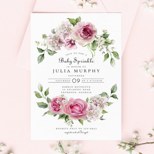 Pink Rose Hydrangea Floral Arch Girl Baby Sprinkle Invitation