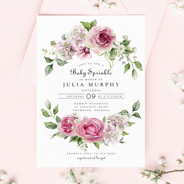 Pink Rose Hydrangea Floral Arch Girl Baby Sprinkle Invitation (Creator Uploaded)