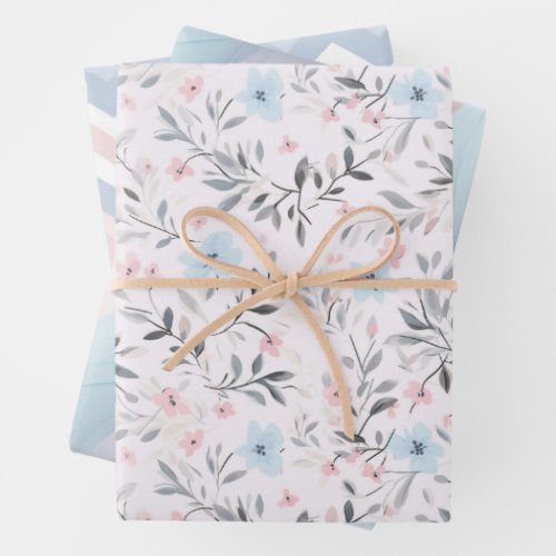 Pink Rose Ice Blue and White Pattern Wrapping Paper Sheets