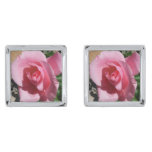 Pink Rose III Garden Floral Silver Cufflinks