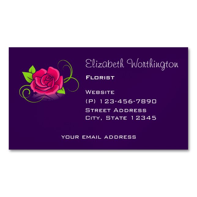 Pink Rose Illustration Business Card Magnet (Front)