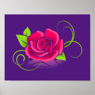 Pink Rose Illustration on a Purple Background Poster