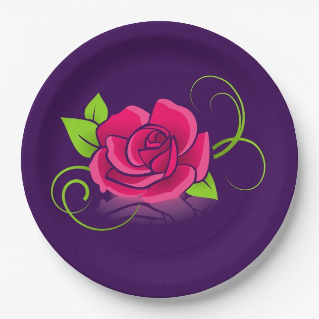 Pink Rose Illustration Paper Plates (Front)