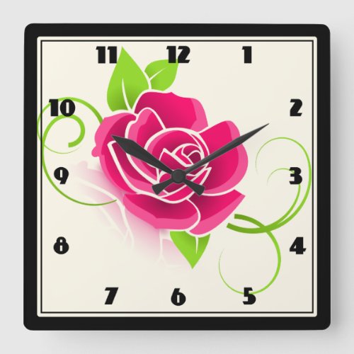 Pink Rose Illustration Square Wall Clock