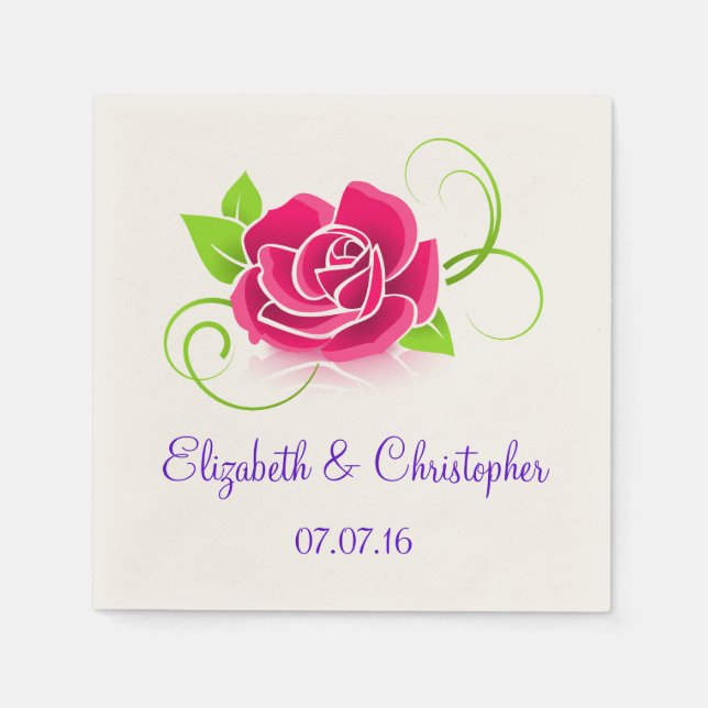 Pink Rose Illustration Wedding Napkins (Front)