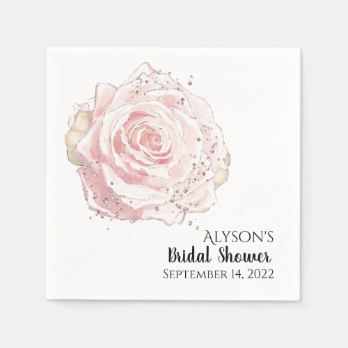 Pink rose in bloom faux glitter napkins