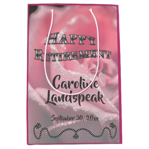 Pink Rose in Bloom Silver frame Happy Retirement Medium Gift Bag