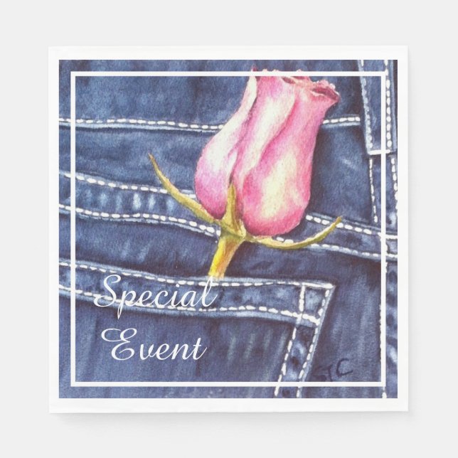 Pink Rose in Denim Pocket Party Napkins (Front)