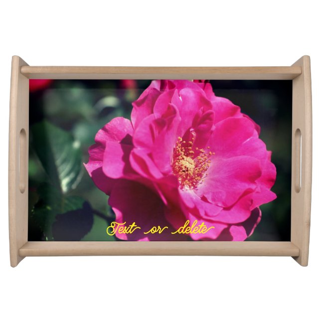 Pink Rose In Full Bloom Close Up Personalized Serving Tray (Front)